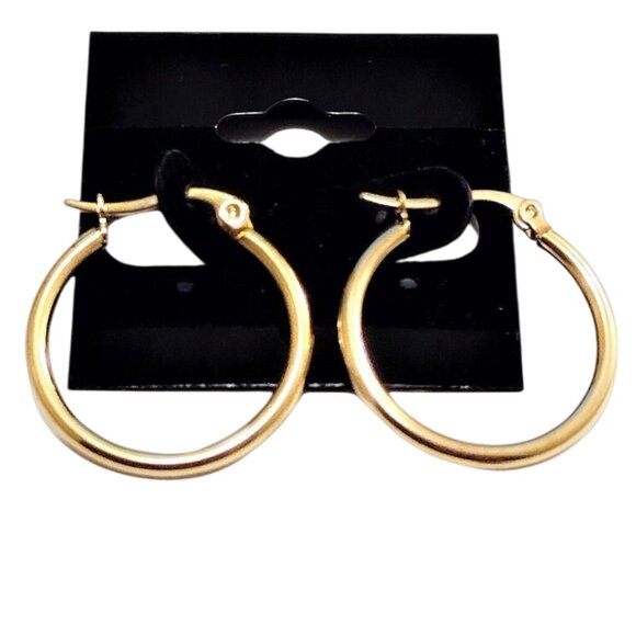 1 Inch 25mm Hoop Pierced Post Earrings Gold Tone - Picture 3 of 3